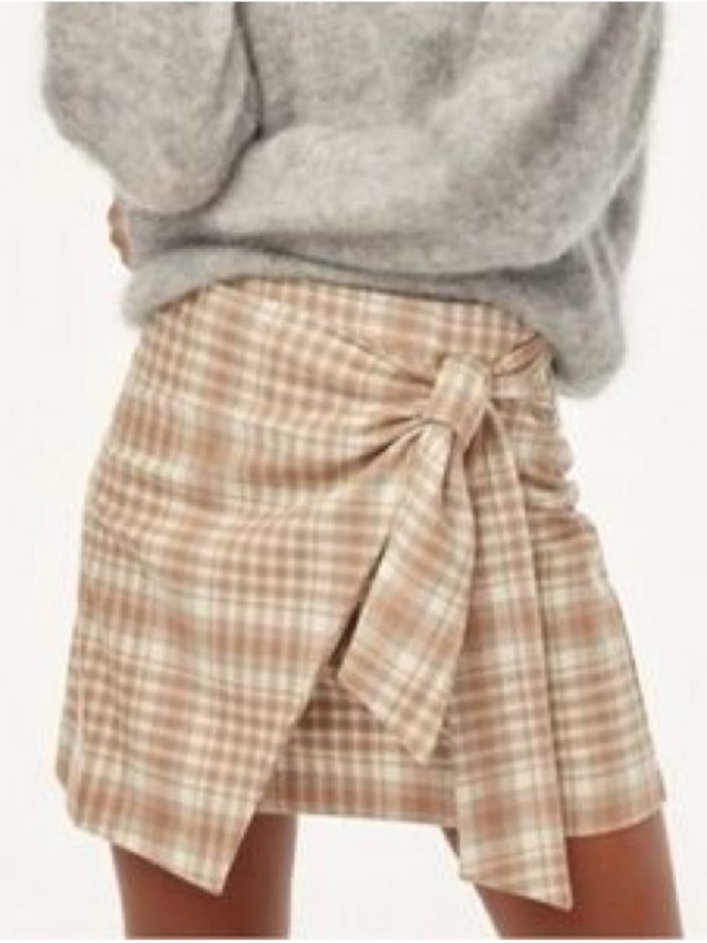 Wilfred Aritzia Beige Cream Plaid Wrap Front Wool Cashmere Blend Skirt Neutral